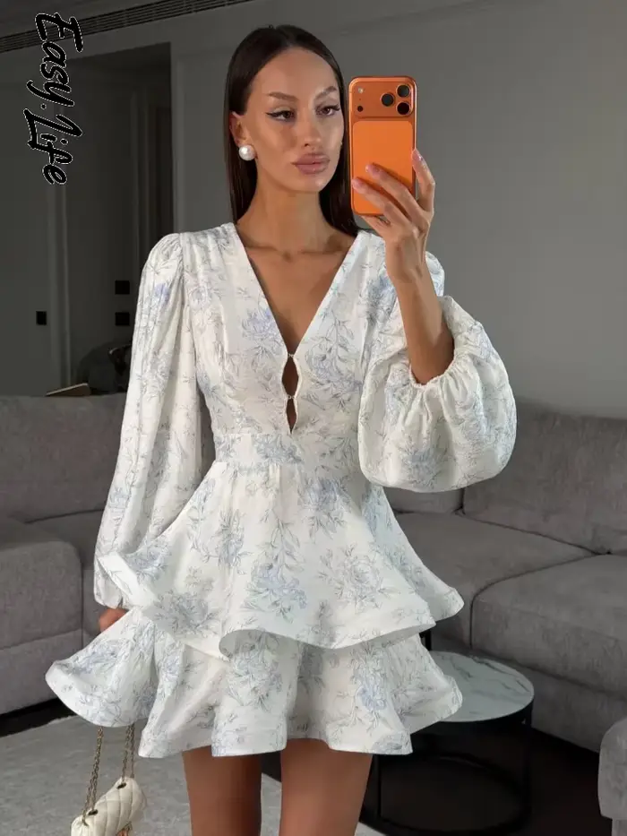 Robe Courte Femme Imprimé Floral Col V Manches Ballon Détail Trou de Clé Ourlet Volanté Étages