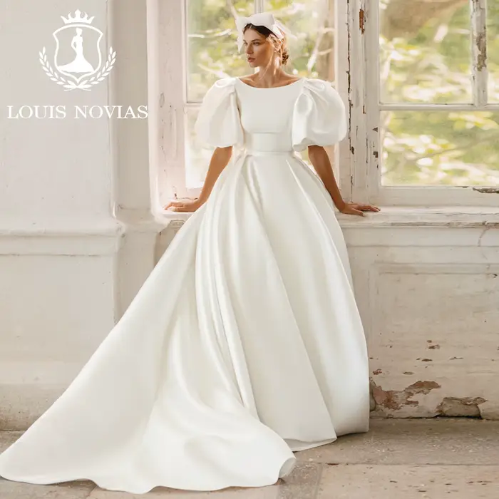 LOUIS NOVIAS sirène Satin robes De mariée Simple romantique SCOOP manches bouffantes détachable Trai