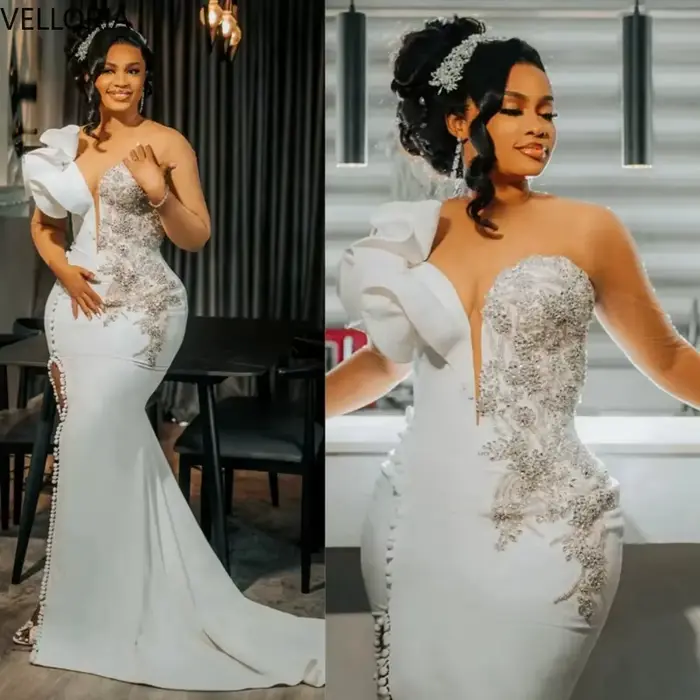 Robe de soirée africaine nigériane sirène élégante col transparent manches longues pour femmes soirées officielles mariage galas