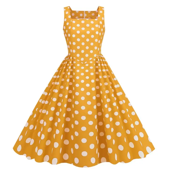 Robe midi élégante à pois vintage, col carré, sans manches, jupe ample, tissu polyester, haute quali