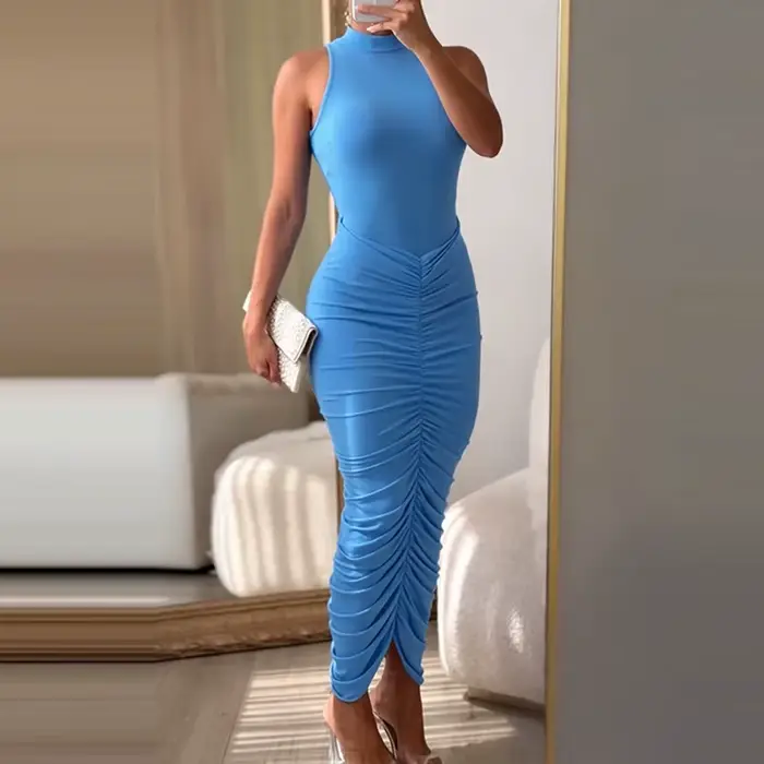 Robe longue élégante sans manches à col rond