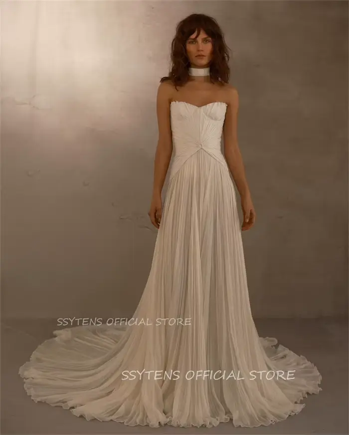 Robe de mariée ivoire bohème pour femmes, robes de mariée longues, plissé ligne A, blanc, vêtements 