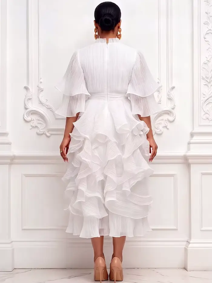 Robe midi plissée en mousseline à volants