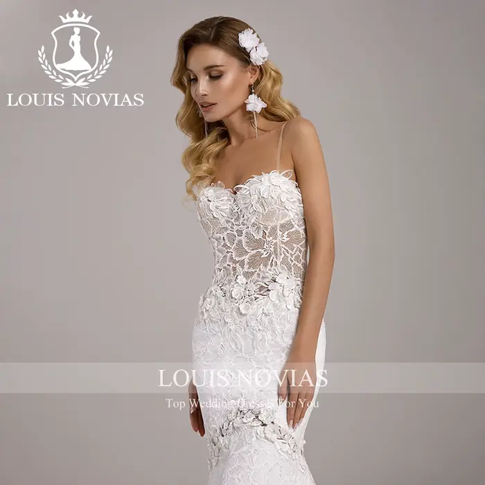 LOUIS NOVIAS robe De mariée sirène romantique bretelles Spaghetti fleurs 3D Appliques Illusion