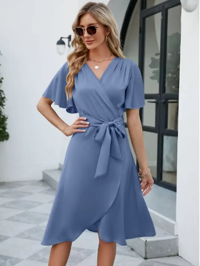 Robe Courte Décontractée d'Été pour Femme, Col en V, Manches Courtes, Taille Nouée, Ourlet Asymétriq
