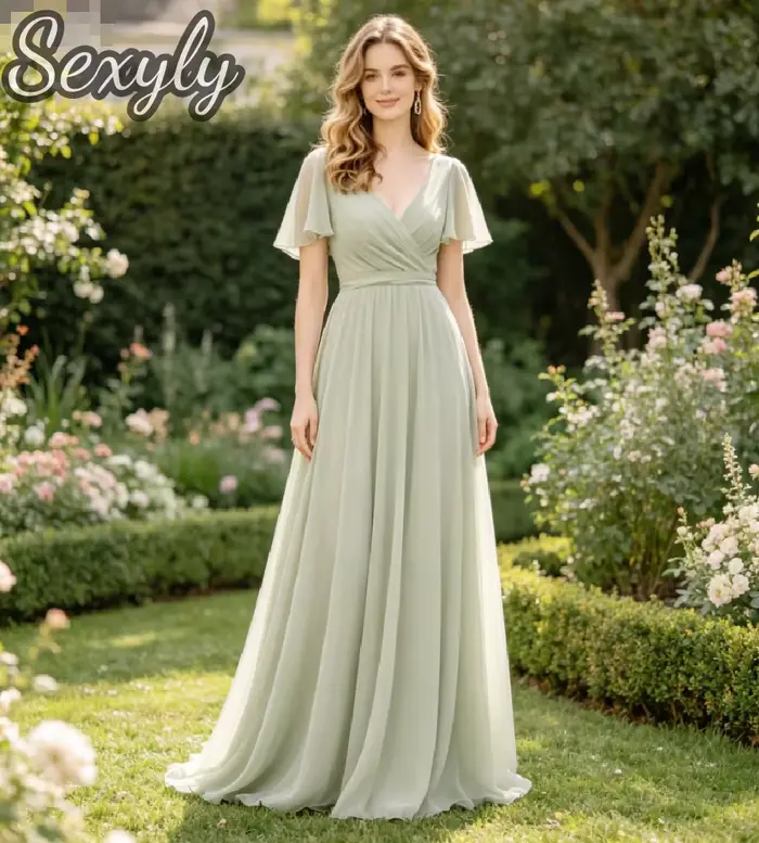 Robe de demoiselle d'honneur en chiffon vert sauge col en V manches courtes volantes coupe évasée longueur ras du sol soirée invité mariage