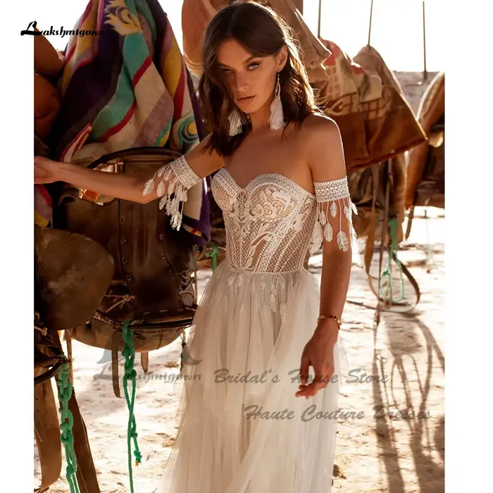 Robe de Mariée Bohème à Lacets dans le Dos en Polyester Tulle pour Femmes Occasions Spéciales Cérémonies Civiles Élégance Unique
