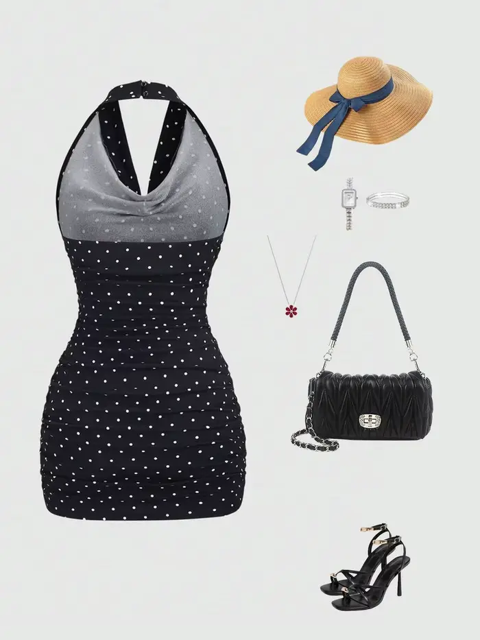 Robe moulante sexy à pois noirs et blancs pour femme
