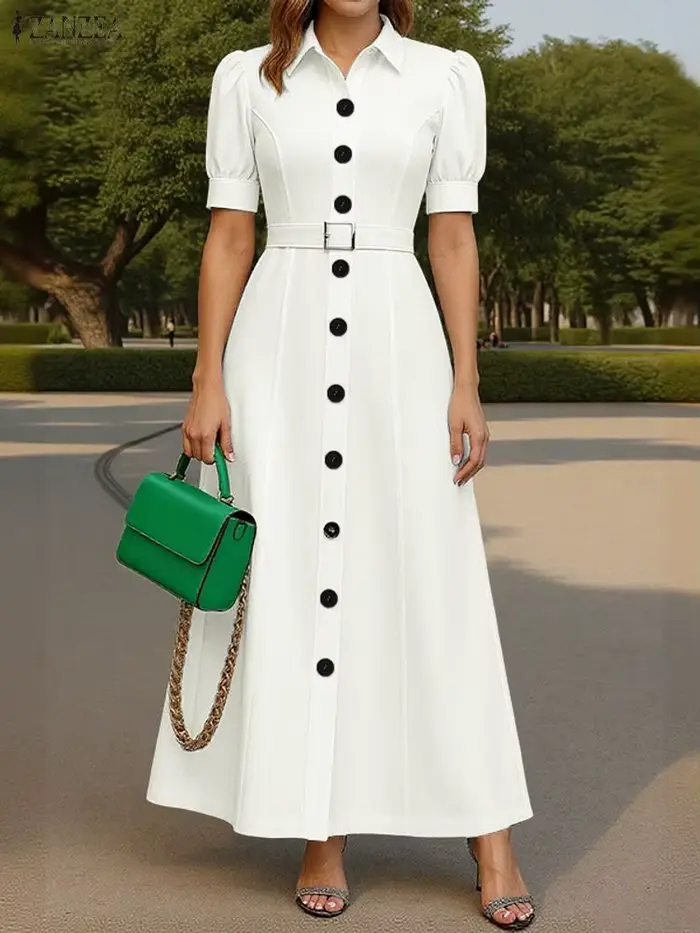 ZANZEA élégant Robe longue de soirée avec ceinture 2025 été femmes solide à manches courtes Maxi robes mode mariage