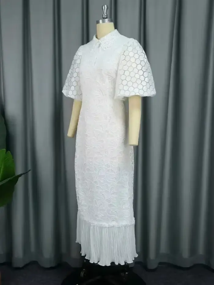 Robe mi-longue en dentelle blanche col rabattu manches bouffantes pour femmes élégantes invités de mariage et autres occasions spéciales