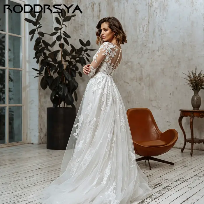 RODDRSYA Robe de mariée bohème coupe A appliques tulle illusion