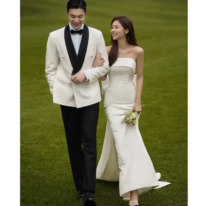Robe de Mariée Blanche Légère, Simple, Sans Bretelles, Arc Français, Amincissante, Jupe en Queue de 