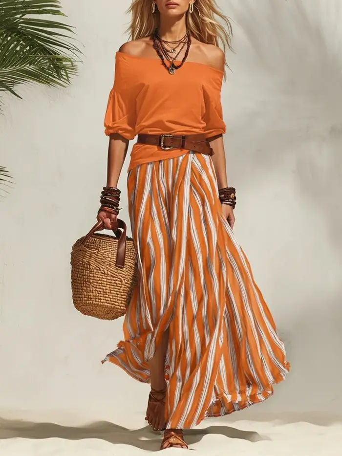 Ensemble deux pièces élégant pour femme haut sexy à épaules dénudées et jupe longue rayée fendue pour les vacances et soirées chic