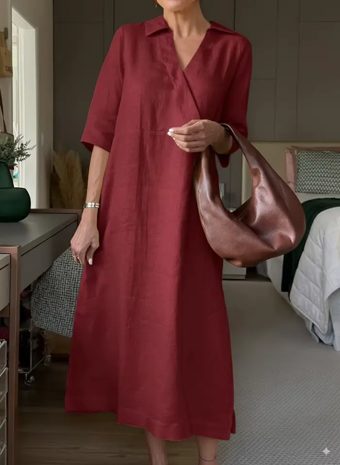 Robe longue à manches courtes pour femmes, ample, ligne a, couleur Pure, col en v, atmosphère rétro,