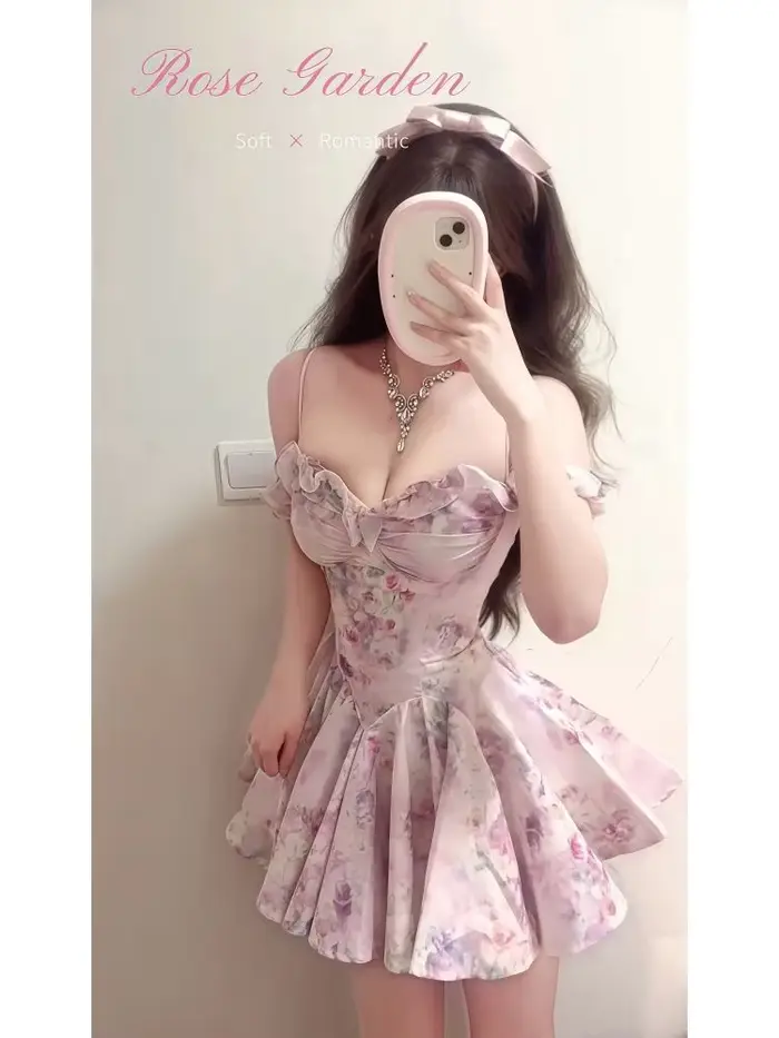 Robe Courte Femme Coquette Vintage à Imprimé Floral Rose