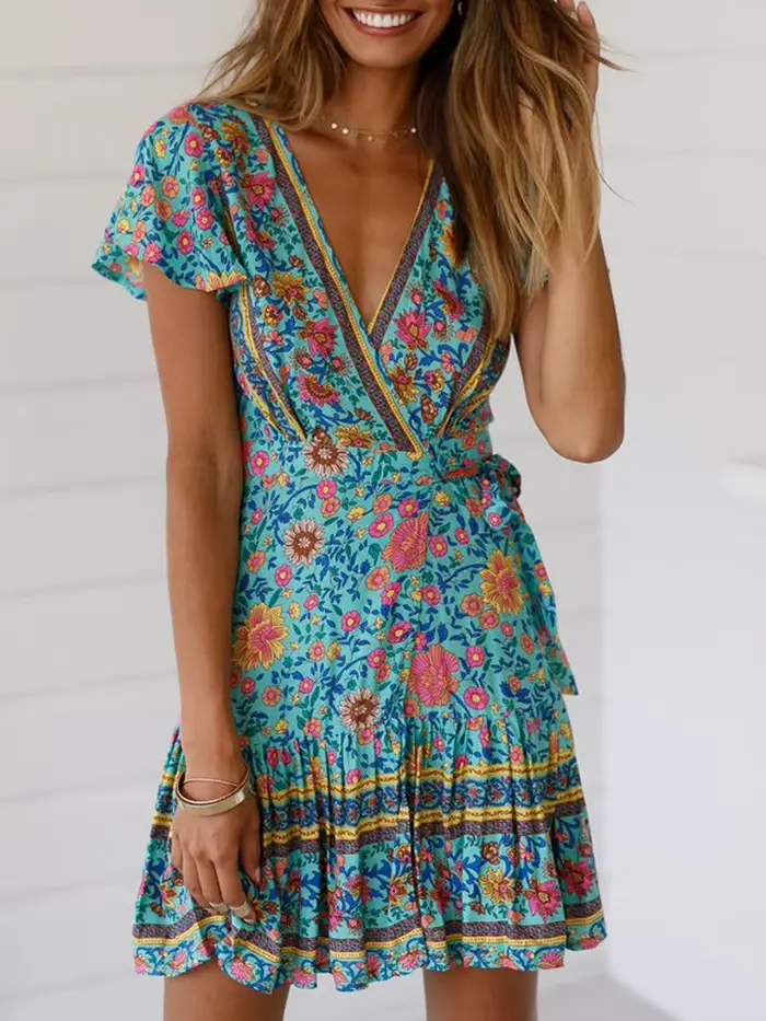 Mini robe bohème à col en V pour femmes