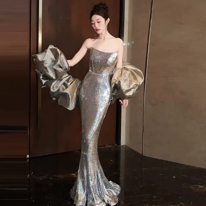 Robes de soirée sirène à paillettes argentées pour femme