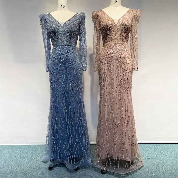 Robe de soirée sirène élégante pour femme 2026, col en V, manches longues bouffantes, perles et sequins, robes de bal et de mariage formelles personnalisées
