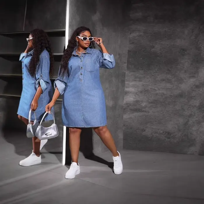 Robe mi-longue en jean pour femme, style Y2K streetwear, col rabattu, manches longues, élégante, vintage, pour soirée et travail, été 2026
