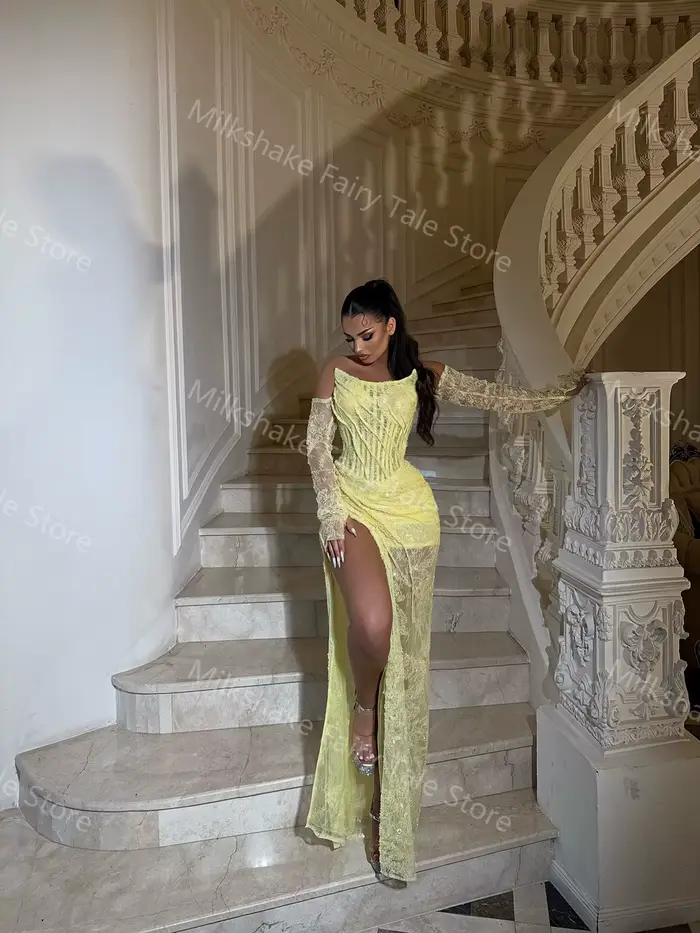 Robe de soirée sirène jaune avec dentelle scintillante et perles pour femmes, idéale pour les soirées officielles et les événements spéciaux