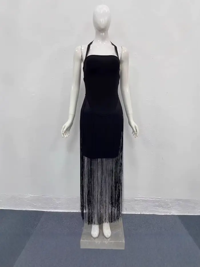Robe Femme 2025 Style Européen et Américain Sexy Dos Nu Taille Haute Moulante Tube à Franges