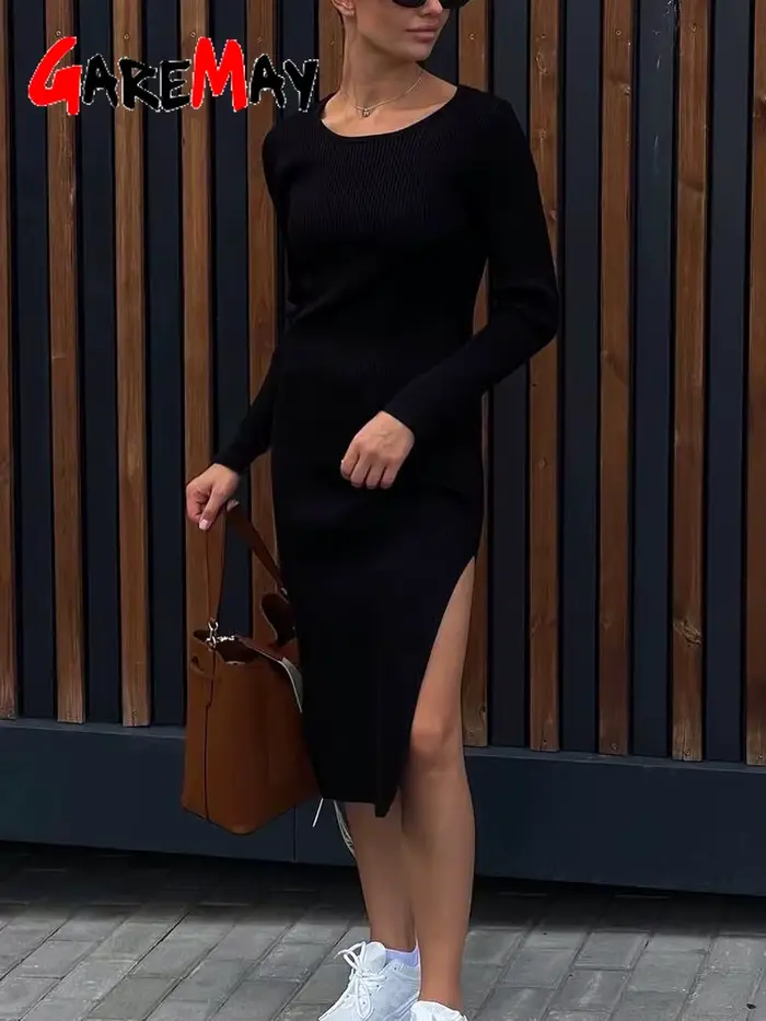 Robe noire moulante à manches longues pour femmes, avec fentes latérales, pour automne et hiver, silhouette moderne, design asymétrique, ajustement parfait, polyester, entretien facile