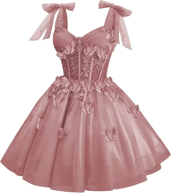 Robe de bal de promo pour adolescentes, courte, en tulle pailleté et dentelle, avec nœud, personnali