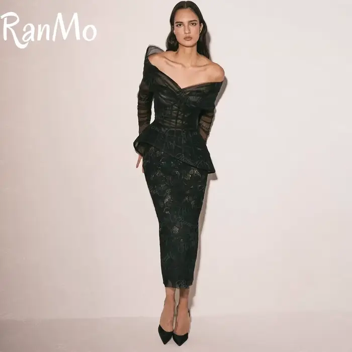 Ranmo 2025 robes De soirée noires Tulle dentelle manches longues robes De bal longueur cheville dame