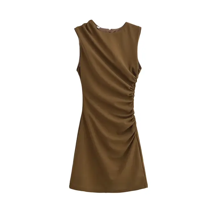 Mini robe drapée pour femmes, col rond, sans manches, fermeture éclair au dos, robes féminines, mode