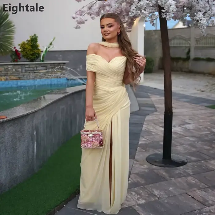 Robe de soirée Eightale 2026 jaune pâle à épaules dénudées