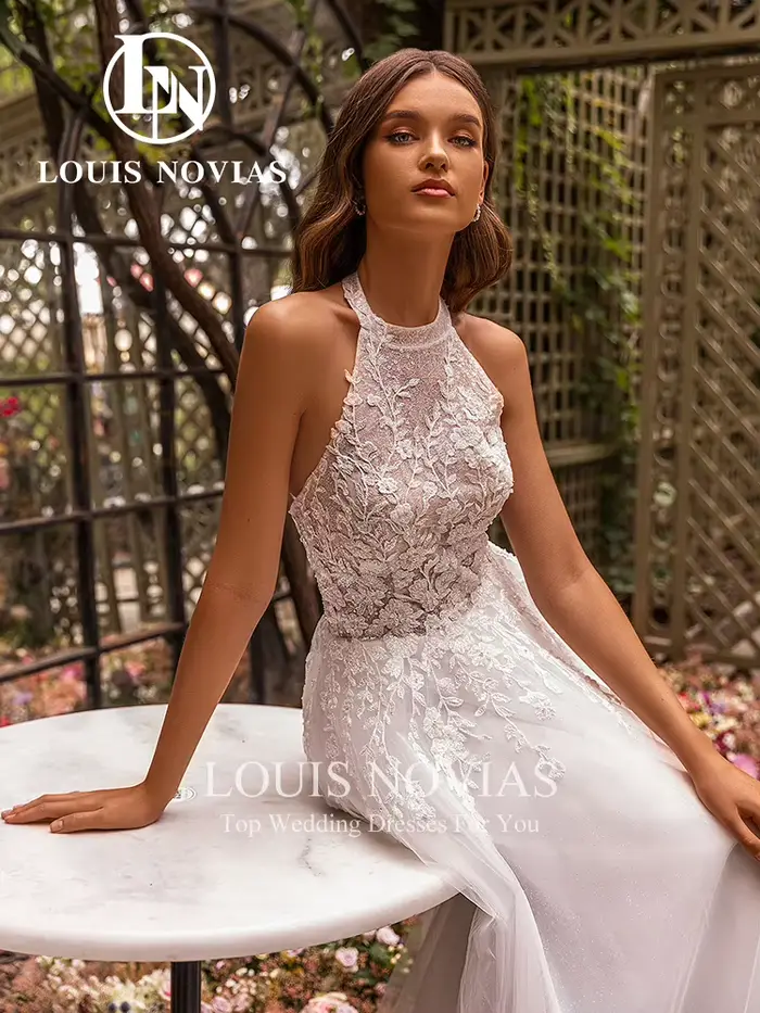 LOUIS NOVIAS robe De mariée trapèze pour femmes fluide col rond broderie Illusion dos nu BOHO robe D