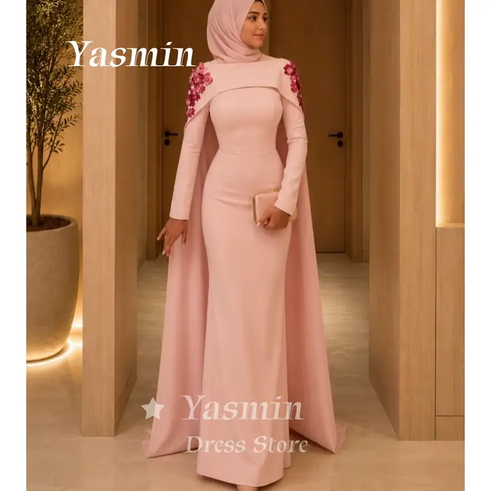 Robe de bal musulmane rose, robe de soirée florale 3D, robe de mariée sirène à manches longues pour 
