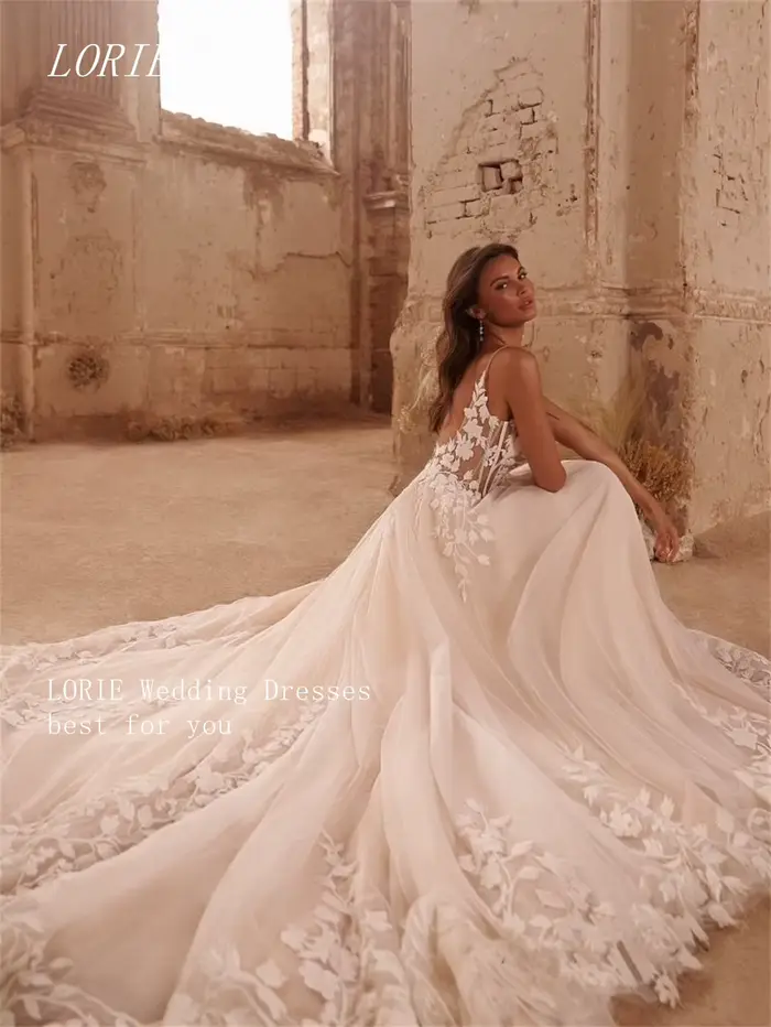 LORIE luxe 3D dentelle une ligne robe de mariée col en V dos nu robes
