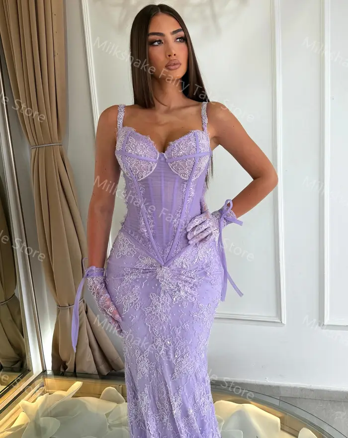 Robes de soirée lavande glamour en dentelle complète sans manches pour femmes