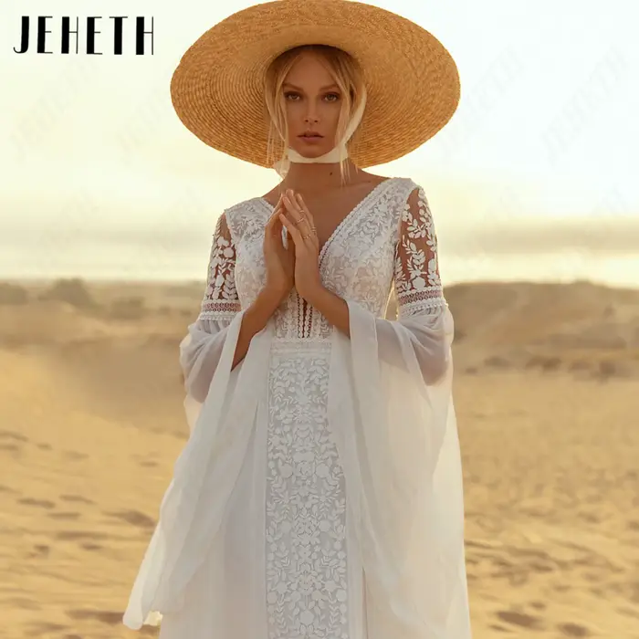 JEHETH Chiffon Scoop Princesse Robes de mariée complètes Flare manches A-Line Modeste Pinceau Train Robe
