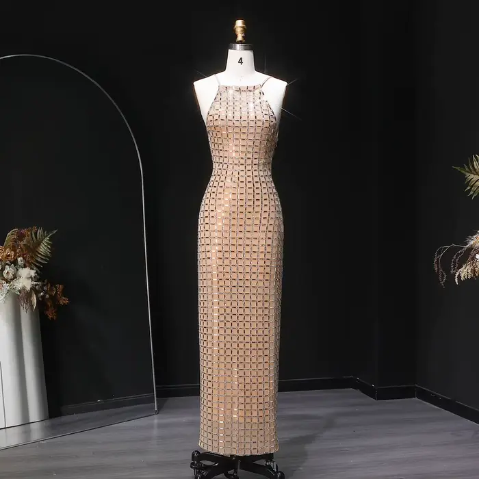Robe de soirée sirène Sharon Said champagne col halter ornée de cristaux pour femmes robes de mariée formelles soirées événements spéciaux
