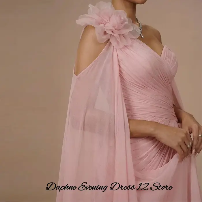 Robe de soirée classique en mousseline à une épaule avec traîne Watteau fleurs 3D pour femmes occasions spéciales soirée mariage gala晚会礼服经典雪纺单肩拖尾设计花卉三维立体剪裁女士特殊场合婚礼派对