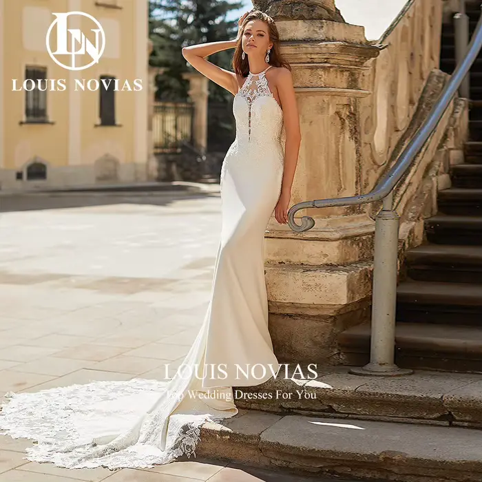 LOUIS NOVIAS robes De mariée sirène pour femme col rond brodé découpé Satin robe De mariée Court Tra
