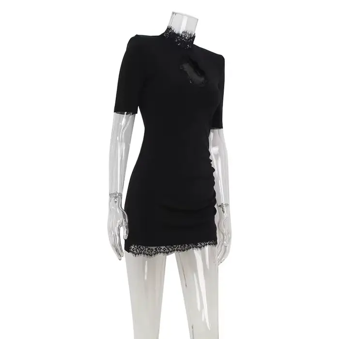 Robes à col haut pour femmes, mini robe éducative, tenues à demi-manches, gaine de tambour évidée, p