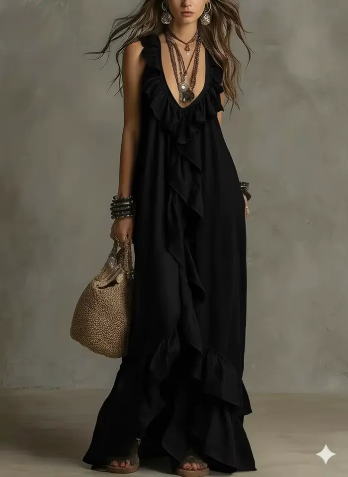 Robe longue décontractée ample, style bohème, couleur unie, élégante, à volants, taille souple, sans