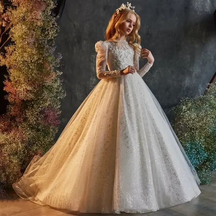 Robe blanche élégante à fleurs pour filles, robes de bal, demoiselle d'honneur, première communion, mariage, anniversaire, concours de mode, occasions spéciales