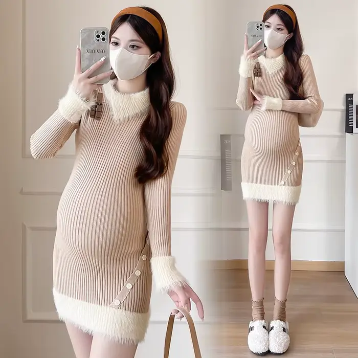 Robe de maternité en tricot avec col en fourrure élégante pour femmes, silhouette ajustée, douceur incomparable, confort maximal pour futures mamans occasions spéciales