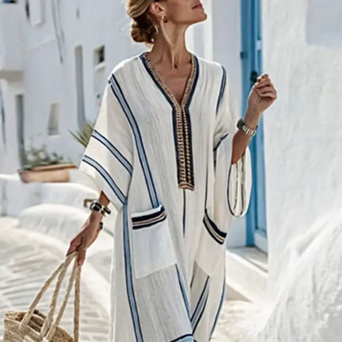 Robes pour femme nouveau col en V robe Boho ample ethnique printemps rayé imprimé poche longue