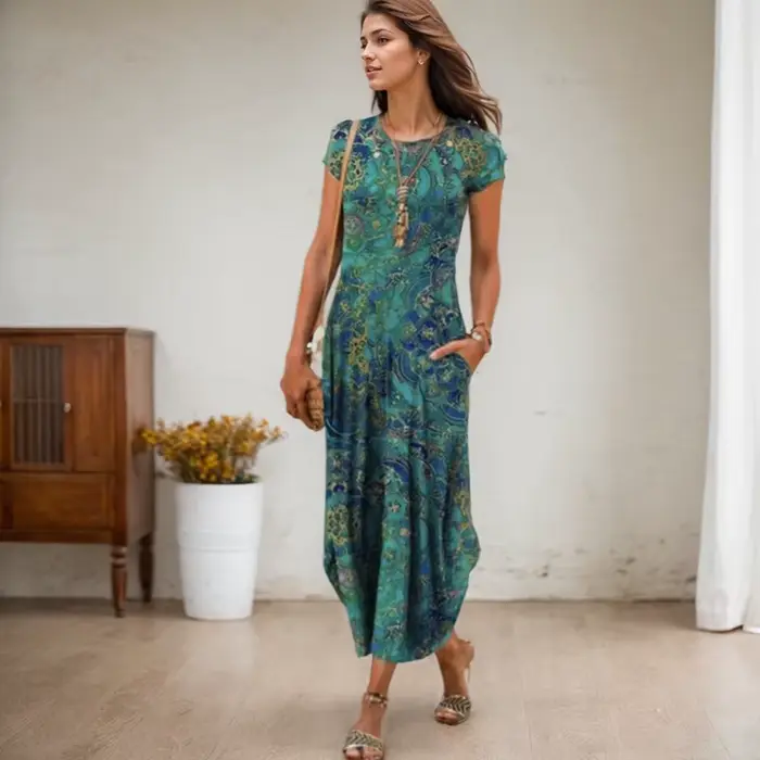 Robe mi-longue à imprimé floral vintage pour femmes, pull à manches courtes, robes longues avec poches, robe d'été de plage bohème, col rond, occassions spéciales, cadeau pour femme