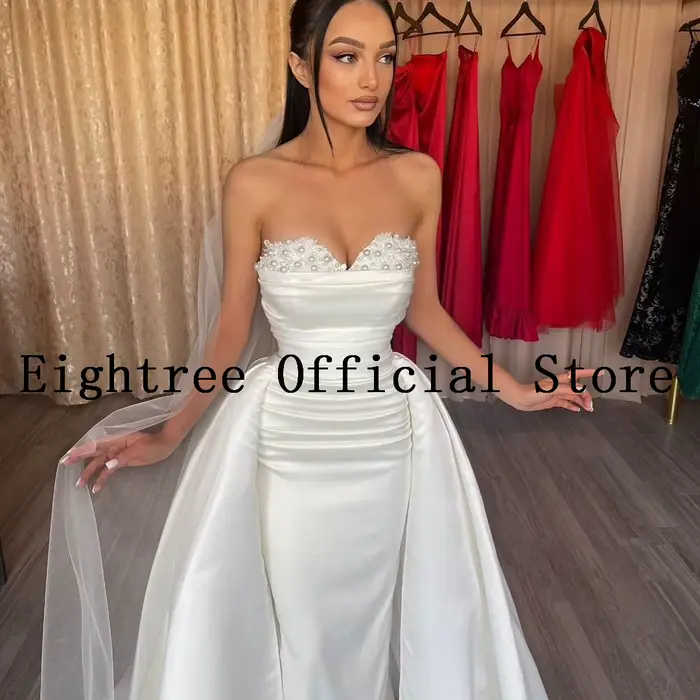 Eightree-Robe de Mariée Blanche Sexy en Dentelle avec Traîne Amovible