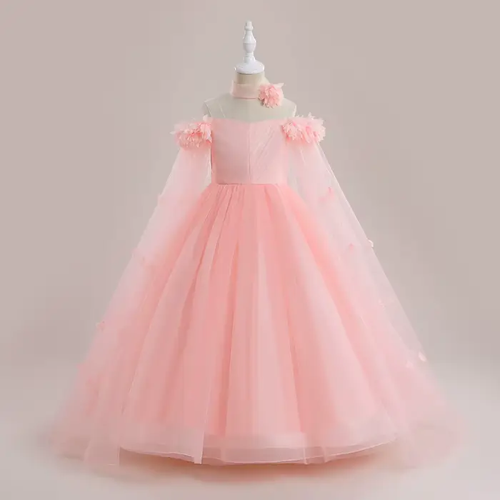 Robe de Demoiselle d'Honneur Rose en Tulle pour Fille, Tenue de Soirée Élégante à Fleurs, Costume de