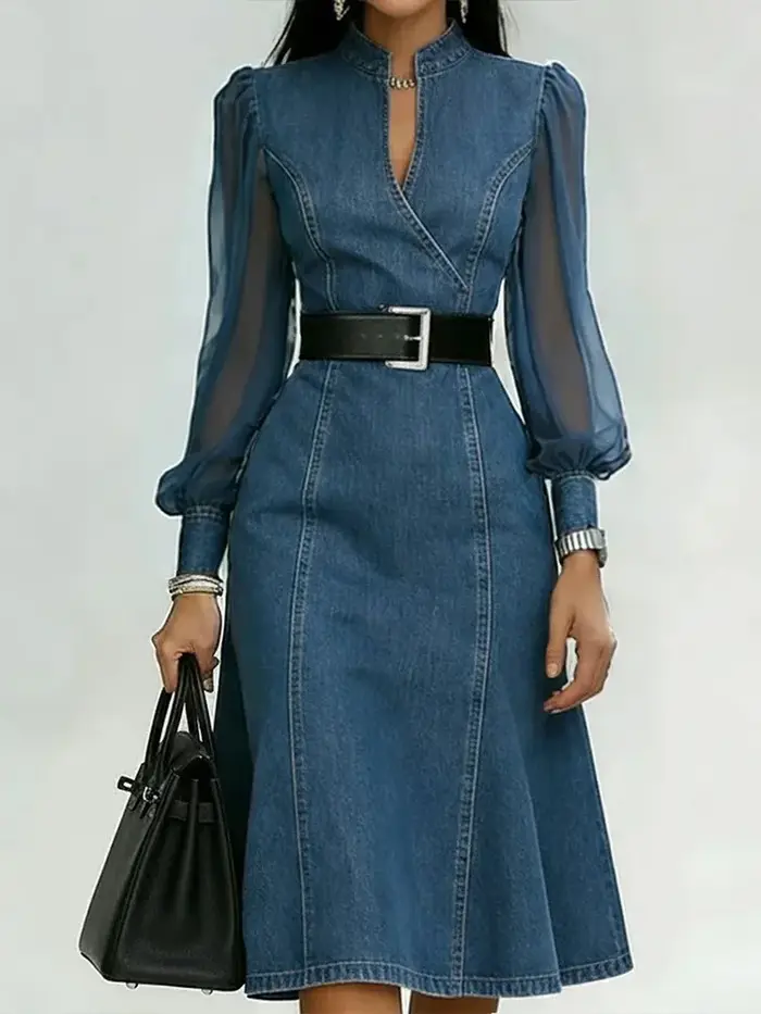 Robe trapèze en denim pour femmes style vintage avec ceinture manches longues bouffantes en mousseline de soie col en V transparent pour l'été