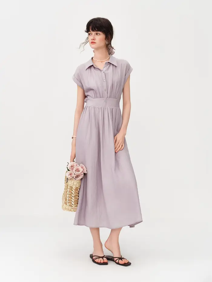 Robe mi-longue en lin coupe trapèze à col rabattu sans manches et taille ajustée en tissu Lyon, nouv