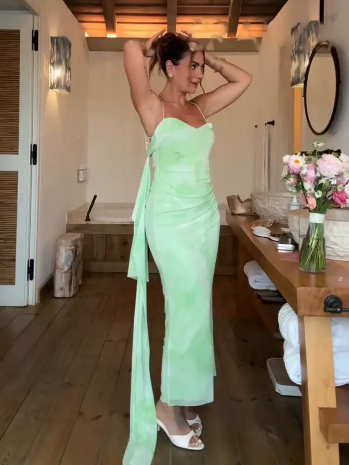 HH femmes vacances d'été vert clair romantique écharpe décorée Tulle robe mi-longue femme dos nu mince Sexy fronde