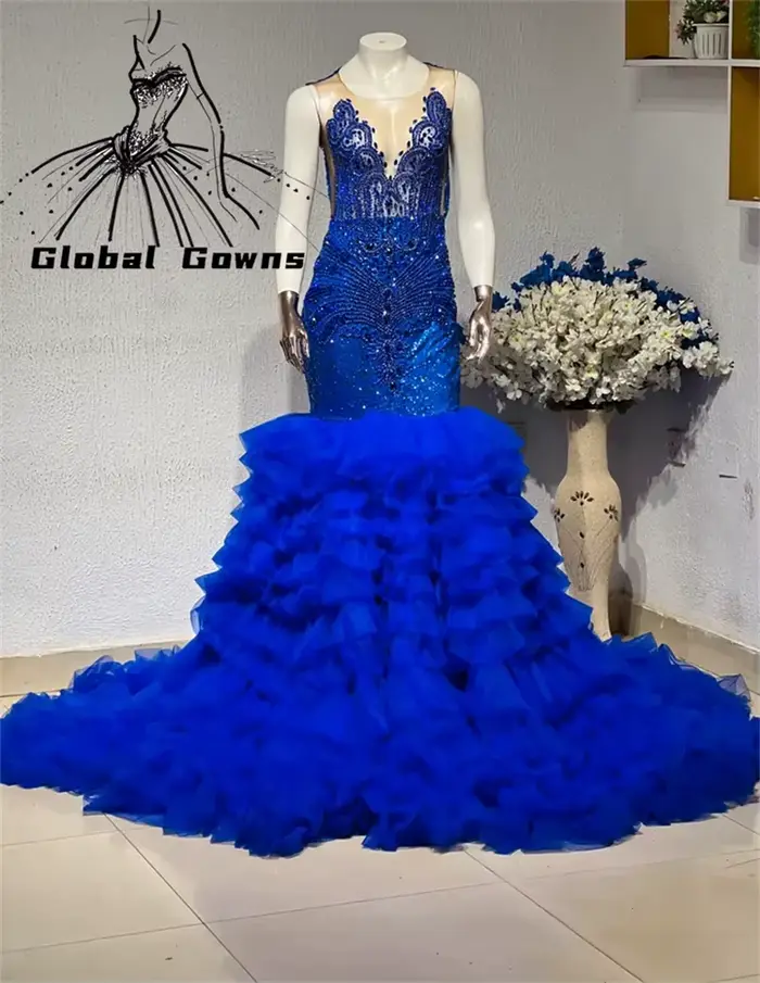 Robe de Rhlongue à volants à plusieurs niveaux pour femmes, bleu royal, col rond, perles, cristal, l